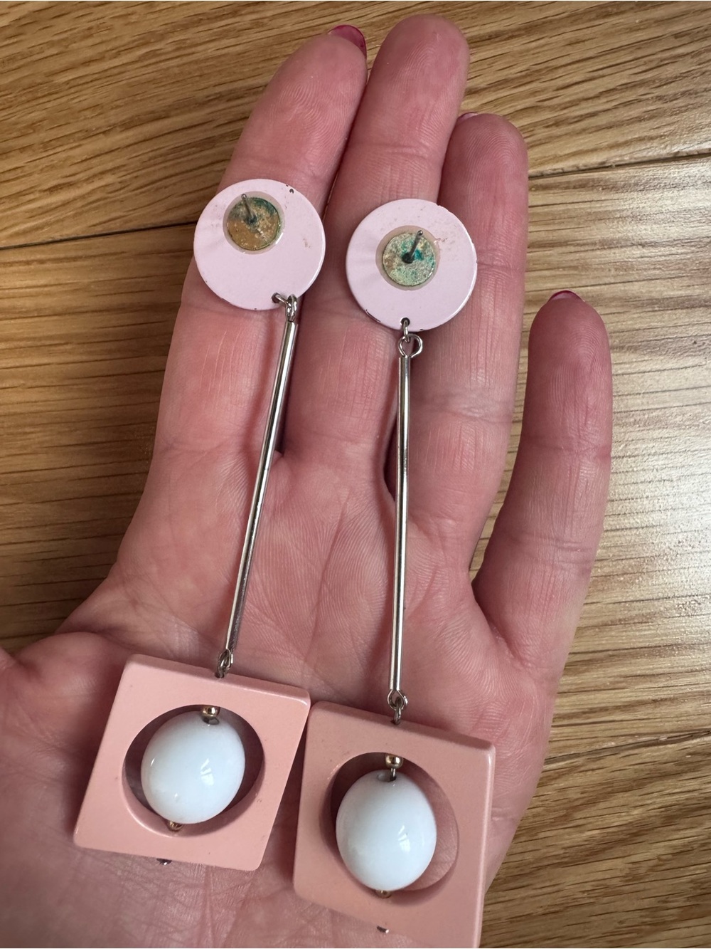 Pink Geometric Drop Earrings - Minimalist Women Jewelry - Picture 4 of 4